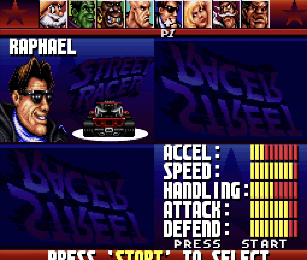 The Character Select Screen for Street Racer on Super Nintendo