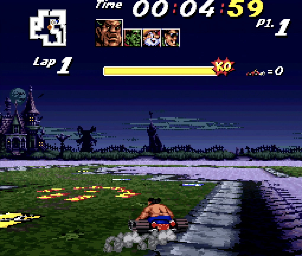 Sumo San driving around the Frank 2 track in Street Racer game on Super NES