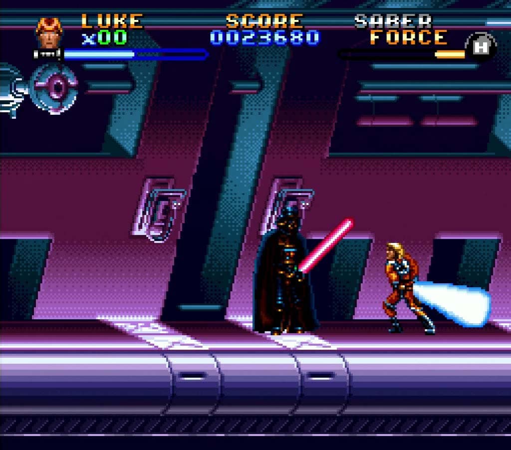 Luke Skywalker fighting Darth Vader in Super Empire Strikes Back SNES review