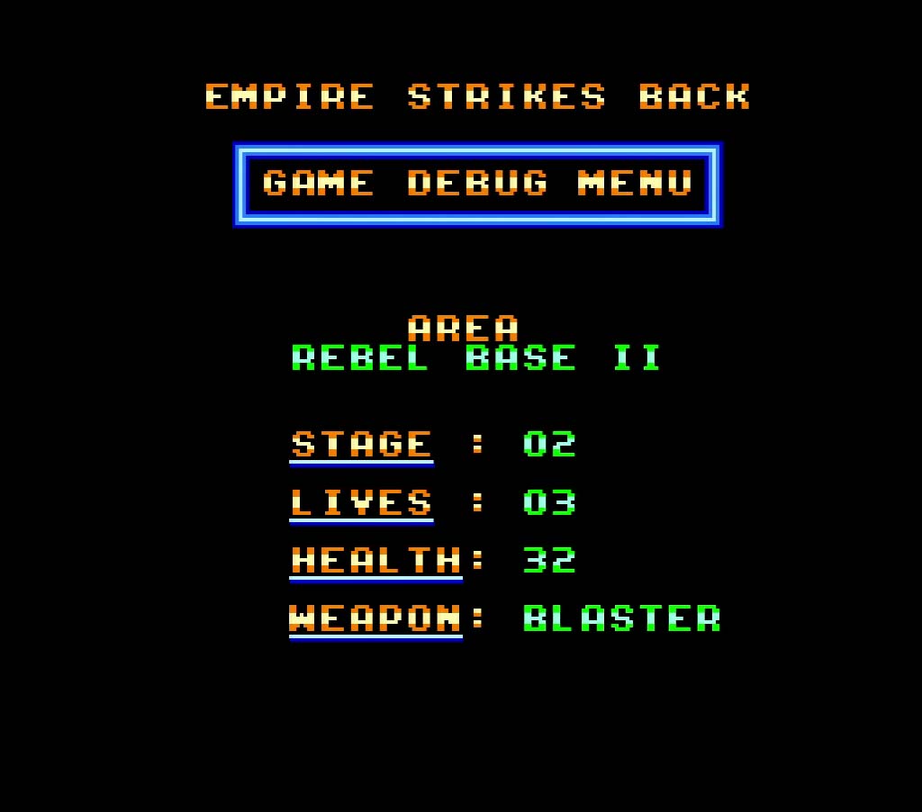 Screenshots of the Super Star Wars Empire Strikes Back Cheats menu for super nintendo