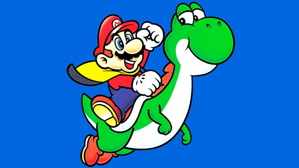 super mario riding on yoshi, while wearing a cape feather